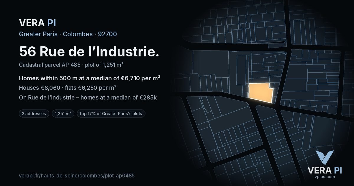 56 Rue de l’Industrie, Colombes at night – the plot lit, the parcels around coloured by the prices near them