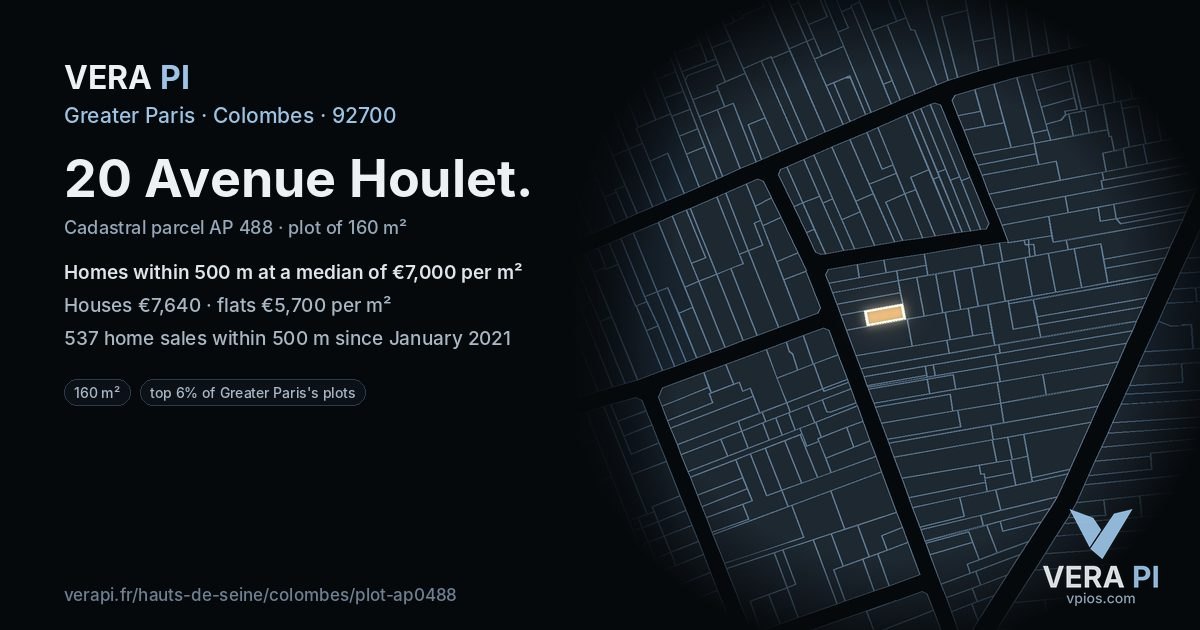 20 Avenue Houlet, Colombes at night – the plot lit, the parcels around coloured by the prices near them