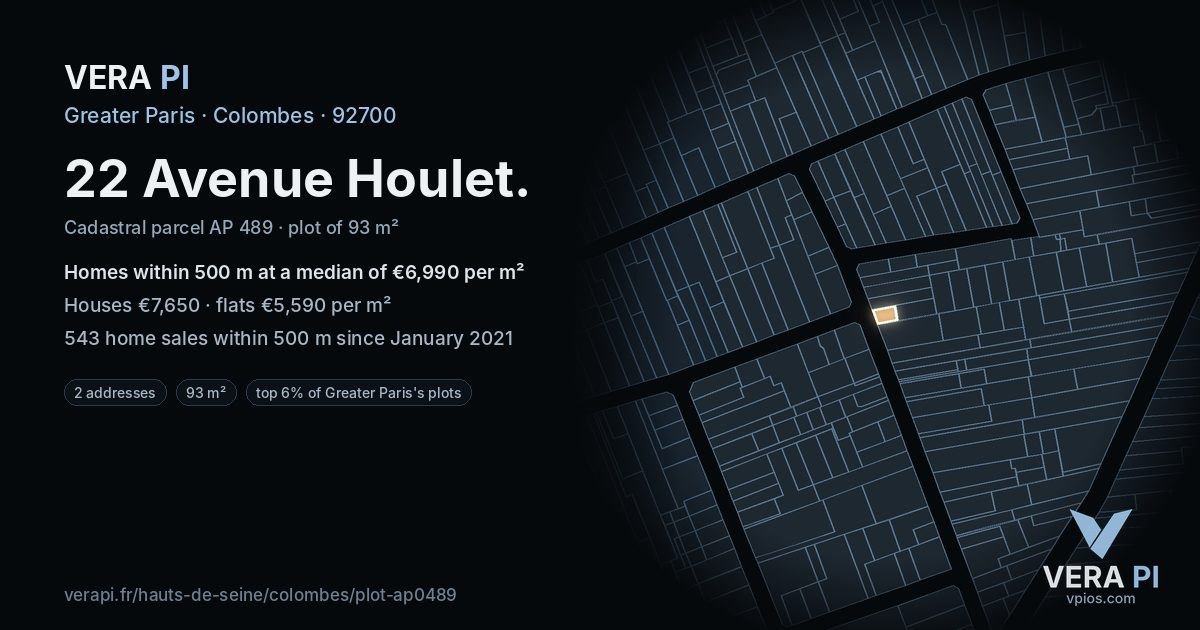 22 Avenue Houlet, Colombes at night – the plot lit, the parcels around coloured by the prices near them