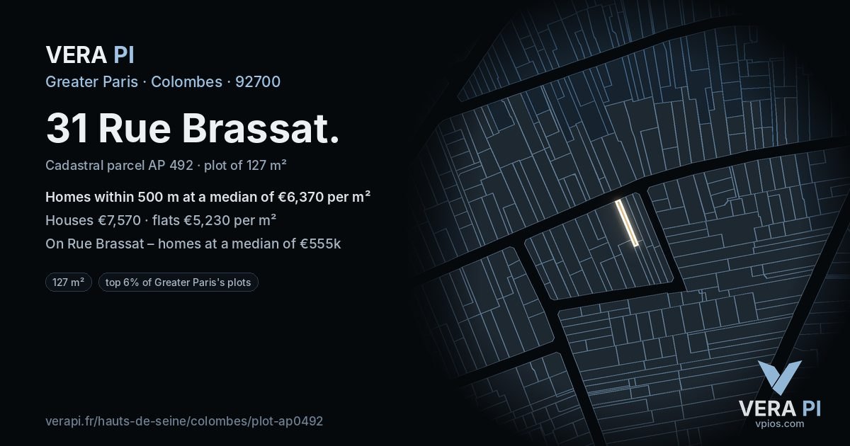 31 Rue Brassat, Colombes at night – the plot lit, the parcels around coloured by the prices near them