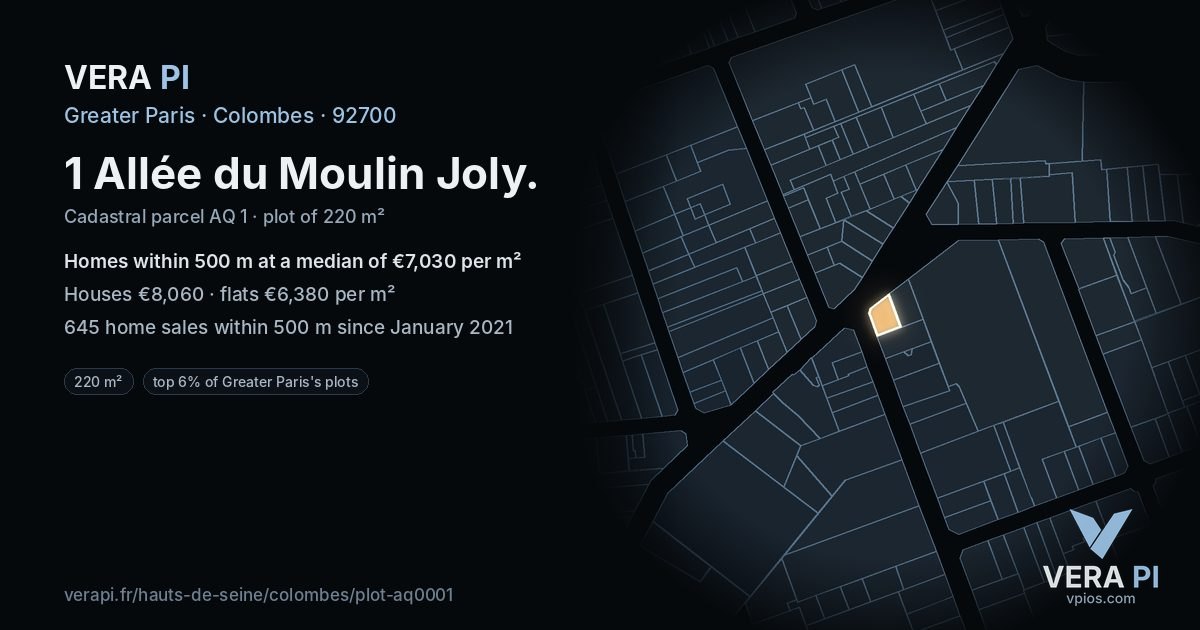 1 Allée du Moulin Joly, Colombes at night – the plot lit, the parcels around coloured by the prices near them
