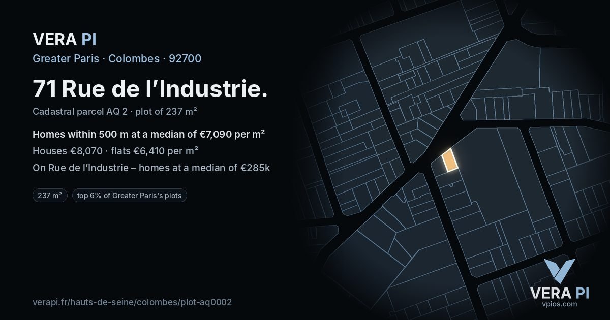 71 Rue de l’Industrie, Colombes at night – the plot lit, the parcels around coloured by the prices near them