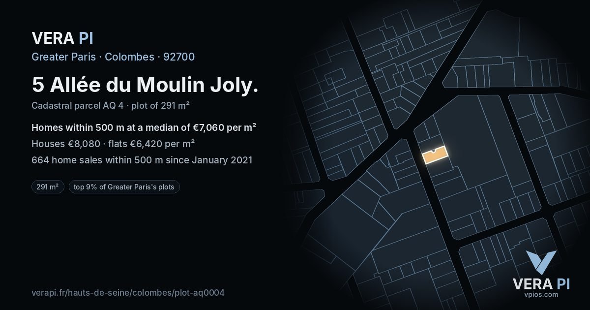 5 Allée du Moulin Joly, Colombes at night – the plot lit, the parcels around coloured by the prices near them