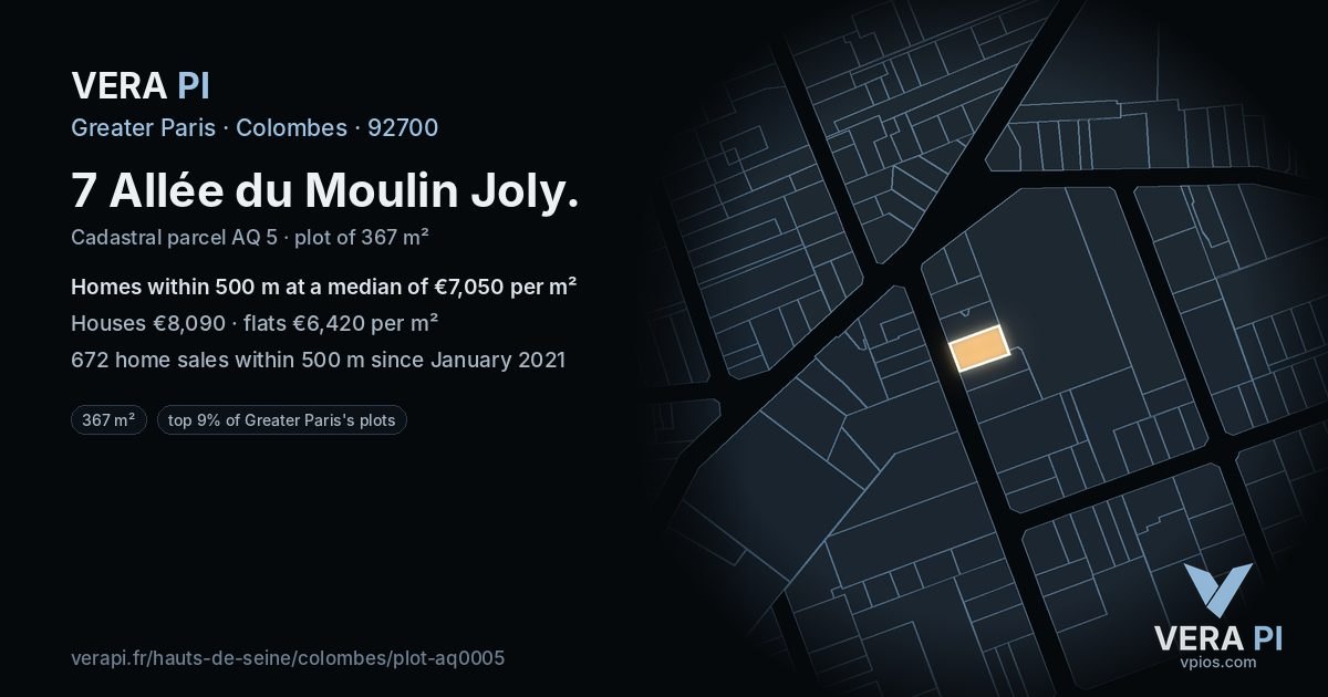 7 Allée du Moulin Joly, Colombes at night – the plot lit, the parcels around coloured by the prices near them