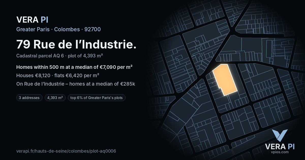79 Rue de l’Industrie, Colombes at night – the plot lit, the parcels around coloured by the prices near them