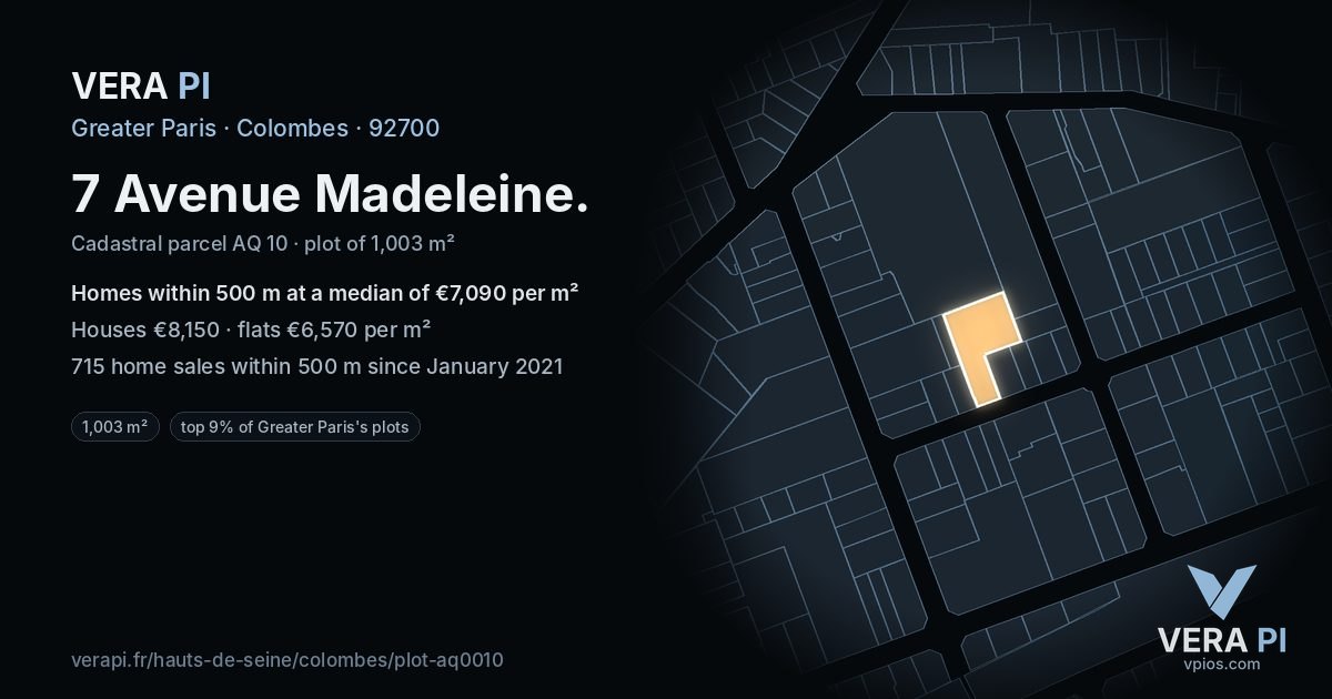 7 Avenue Madeleine, Colombes at night – the plot lit, the parcels around coloured by the prices near them