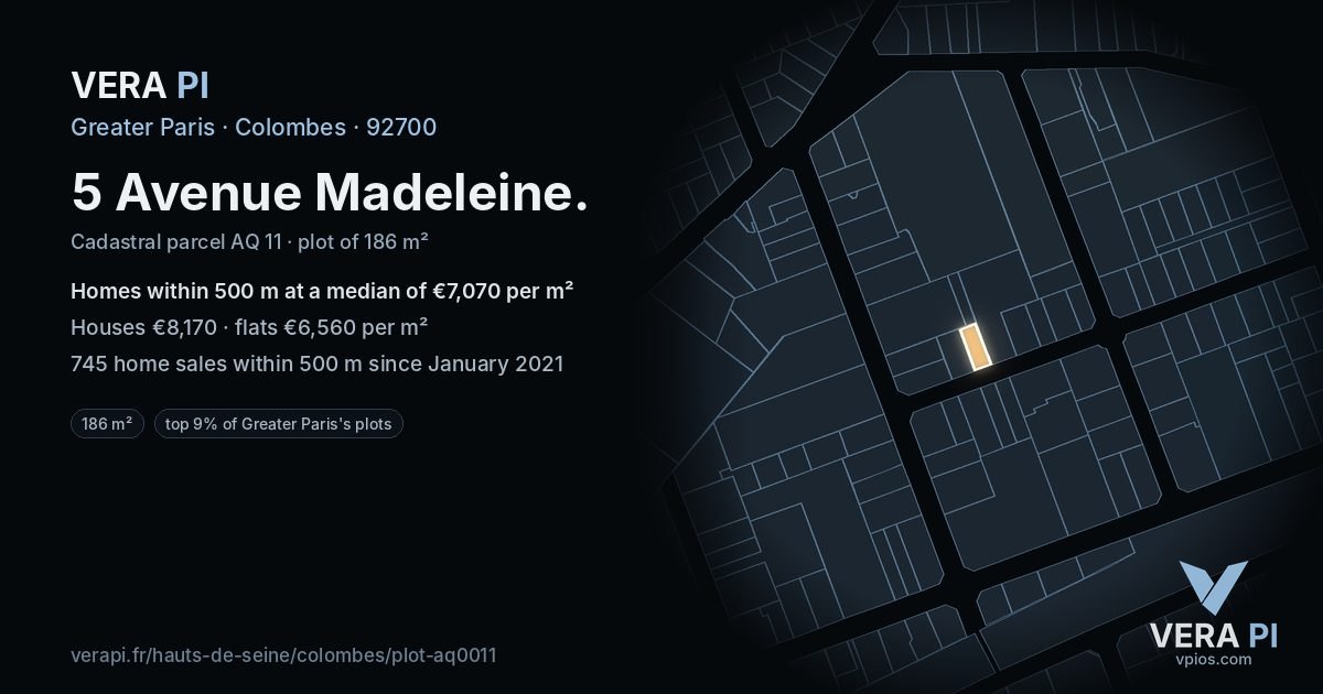 5 Avenue Madeleine, Colombes at night – the plot lit, the parcels around coloured by the prices near them