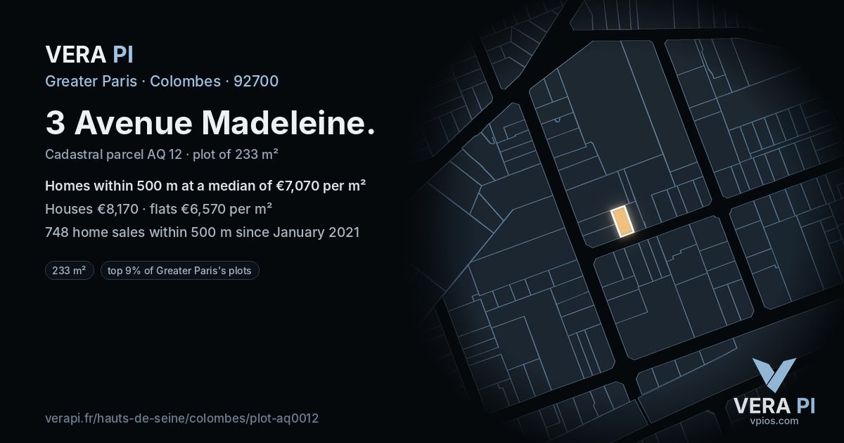 3 Avenue Madeleine, Colombes at night – the plot lit, the parcels around coloured by the prices near them