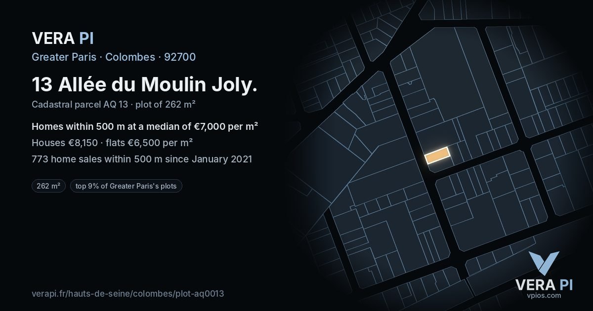 13 Allée du Moulin Joly, Colombes at night – the plot lit, the parcels around coloured by the prices near them
