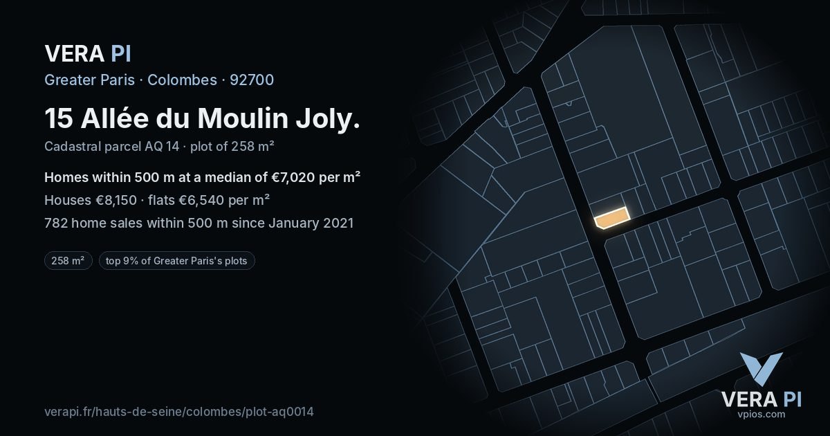 15 Allée du Moulin Joly, Colombes at night – the plot lit, the parcels around coloured by the prices near them