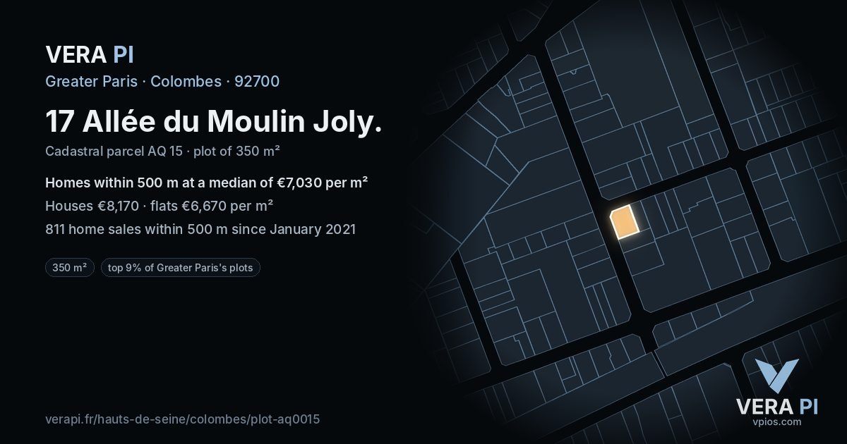 17 Allée du Moulin Joly, Colombes at night – the plot lit, the parcels around coloured by the prices near them