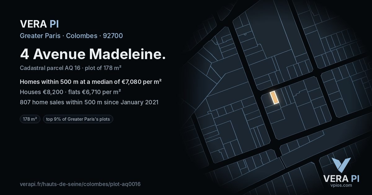 4 Avenue Madeleine, Colombes at night – the plot lit, the parcels around coloured by the prices near them