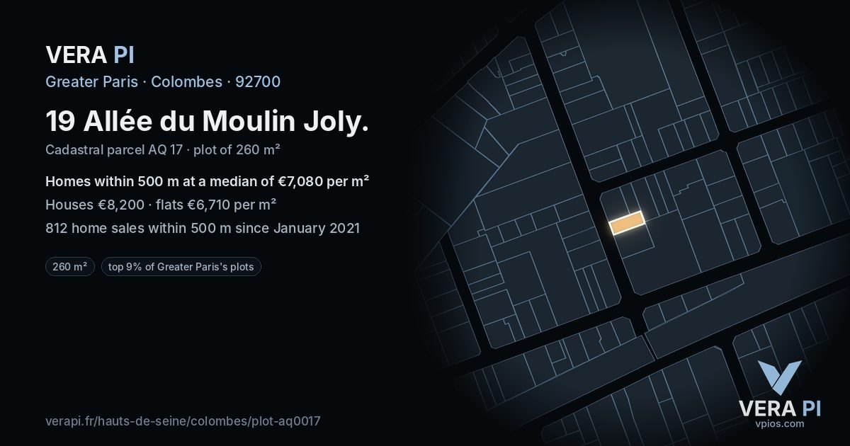 19 Allée du Moulin Joly, Colombes at night – the plot lit, the parcels around coloured by the prices near them