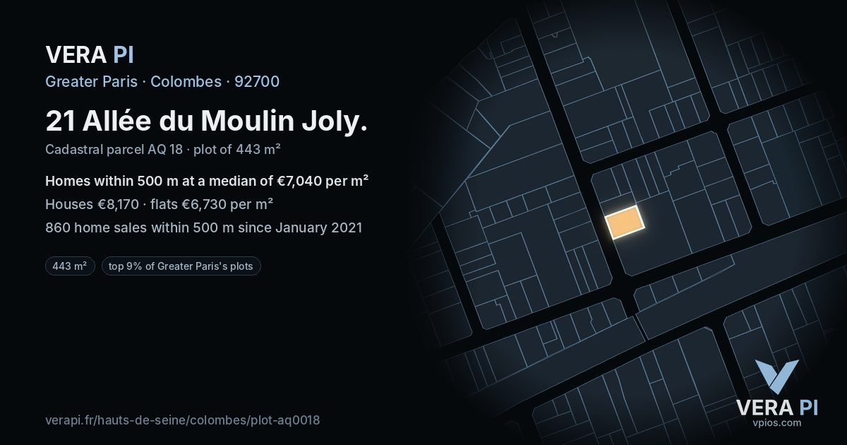 21 Allée du Moulin Joly, Colombes at night – the plot lit, the parcels around coloured by the prices near them