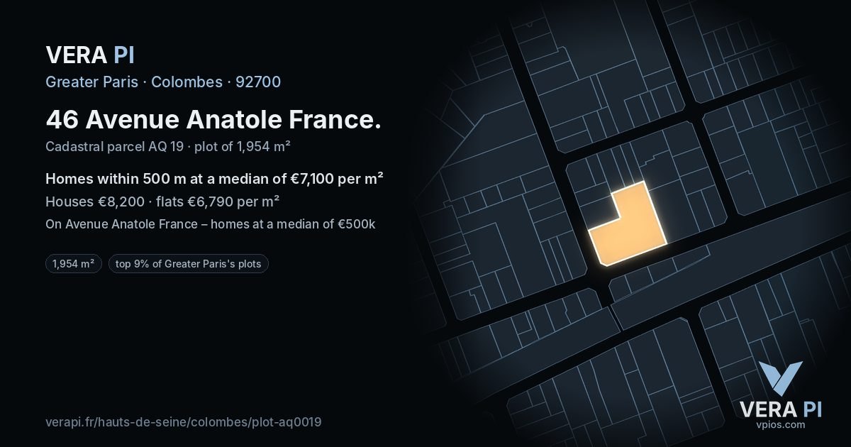 46 Avenue Anatole France, Colombes at night – the plot lit, the parcels around coloured by the prices near them