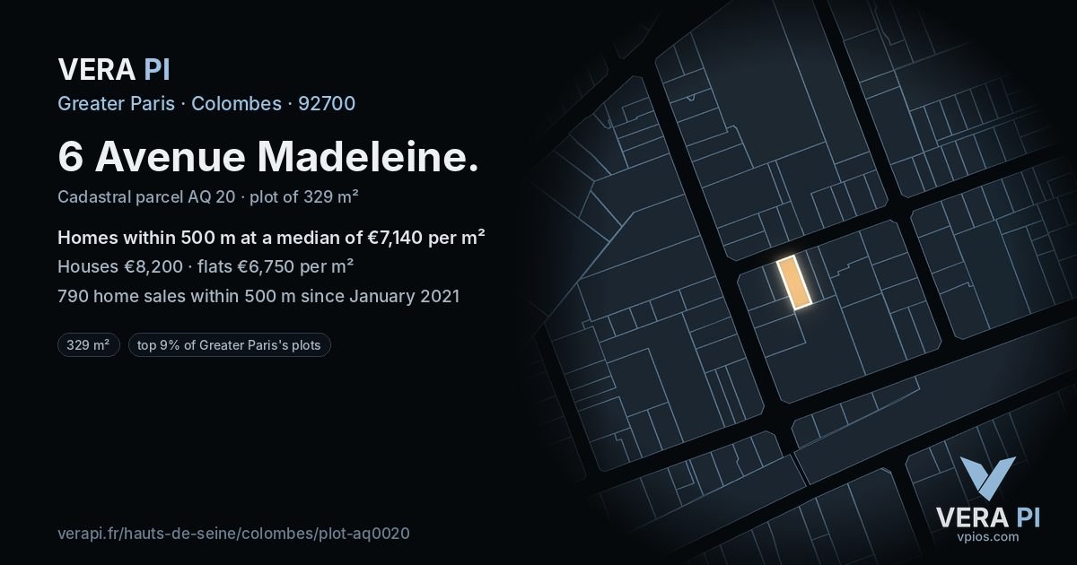 6 Avenue Madeleine, Colombes at night – the plot lit, the parcels around coloured by the prices near them