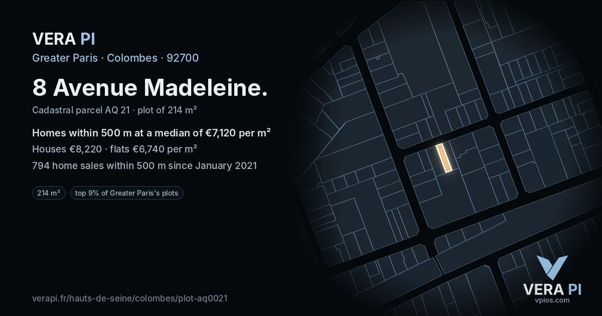 8 Avenue Madeleine, Colombes at night – the plot lit, the parcels around coloured by the prices near them