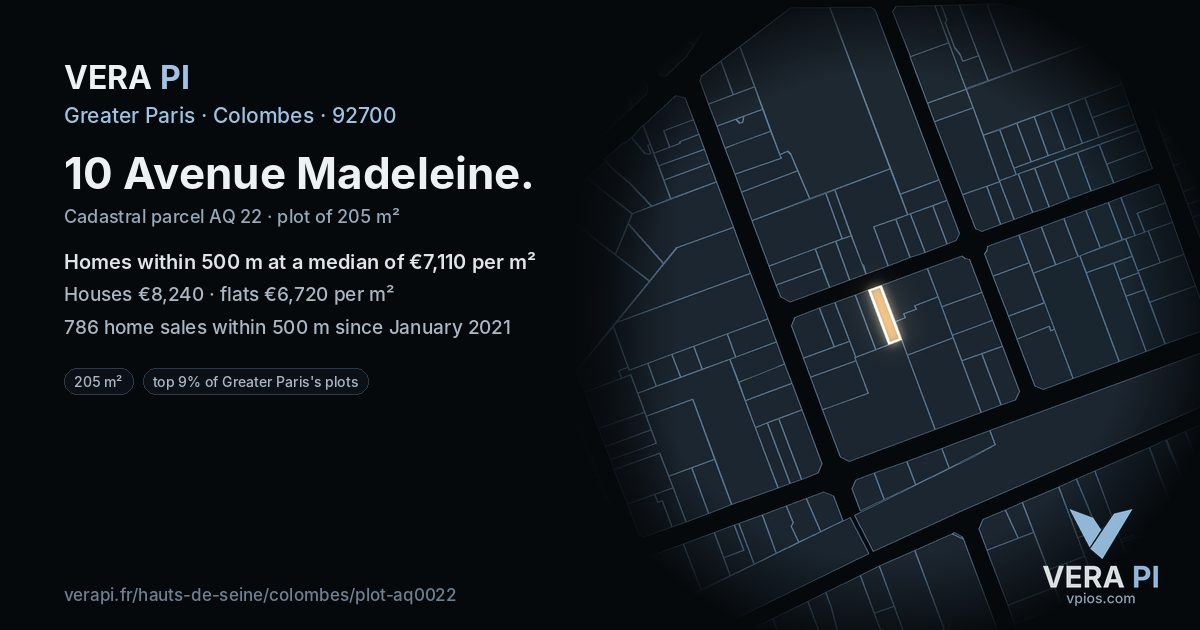 10 Avenue Madeleine, Colombes at night – the plot lit, the parcels around coloured by the prices near them