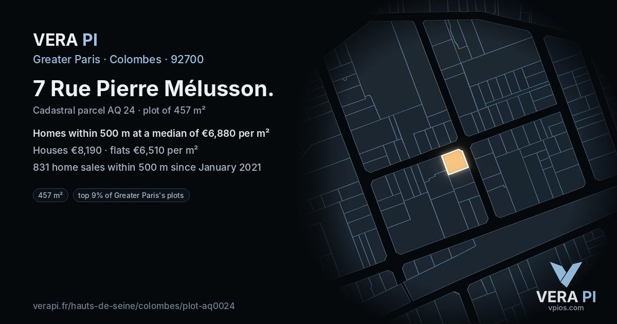 7 Rue Pierre Mélusson, Colombes at night – the plot lit, the parcels around coloured by the prices near them