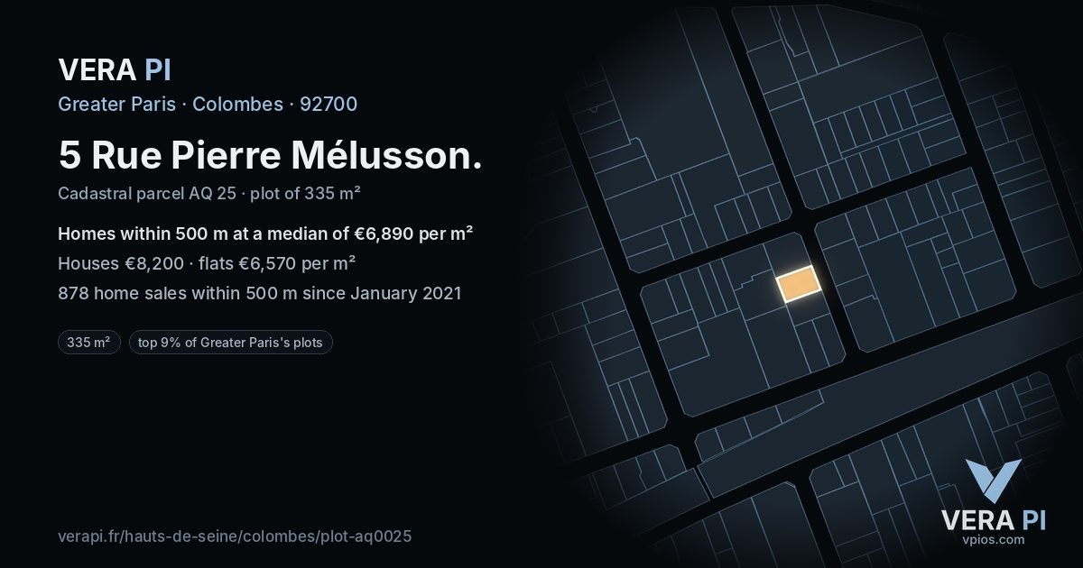 5 Rue Pierre Mélusson, Colombes at night – the plot lit, the parcels around coloured by the prices near them