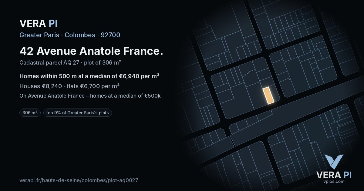 42 Avenue Anatole France, Colombes at night – the plot lit, the parcels around coloured by the prices near them
