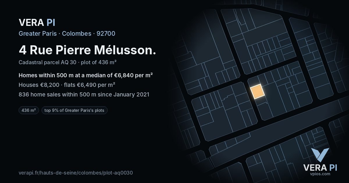 4 Rue Pierre Mélusson, Colombes at night – the plot lit, the parcels around coloured by the prices near them