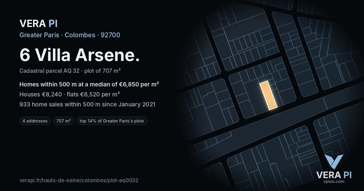 6 Villa Arsene, Colombes at night – the plot lit, the parcels around coloured by the prices near them