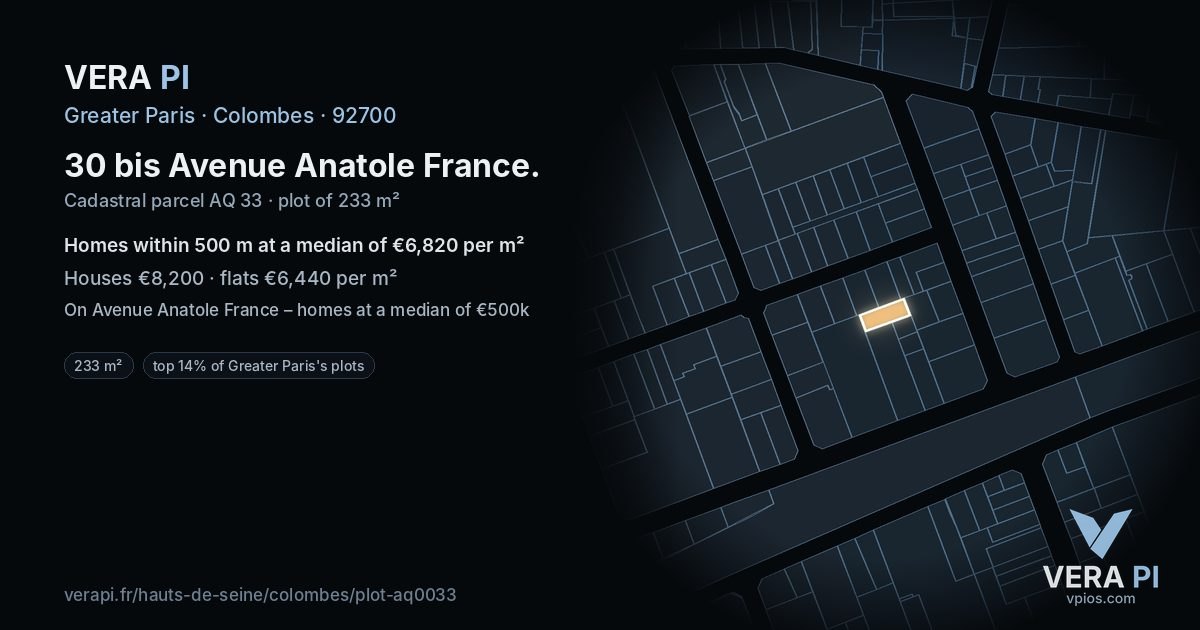 30 bis Avenue Anatole France, Colombes at night – the plot lit, the parcels around coloured by the prices near them