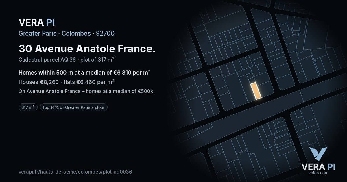 30 Avenue Anatole France, Colombes at night – the plot lit, the parcels around coloured by the prices near them