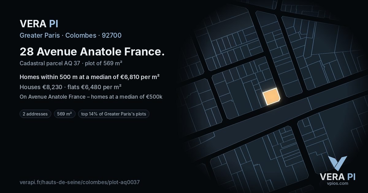 28 Avenue Anatole France, Colombes at night – the plot lit, the parcels around coloured by the prices near them