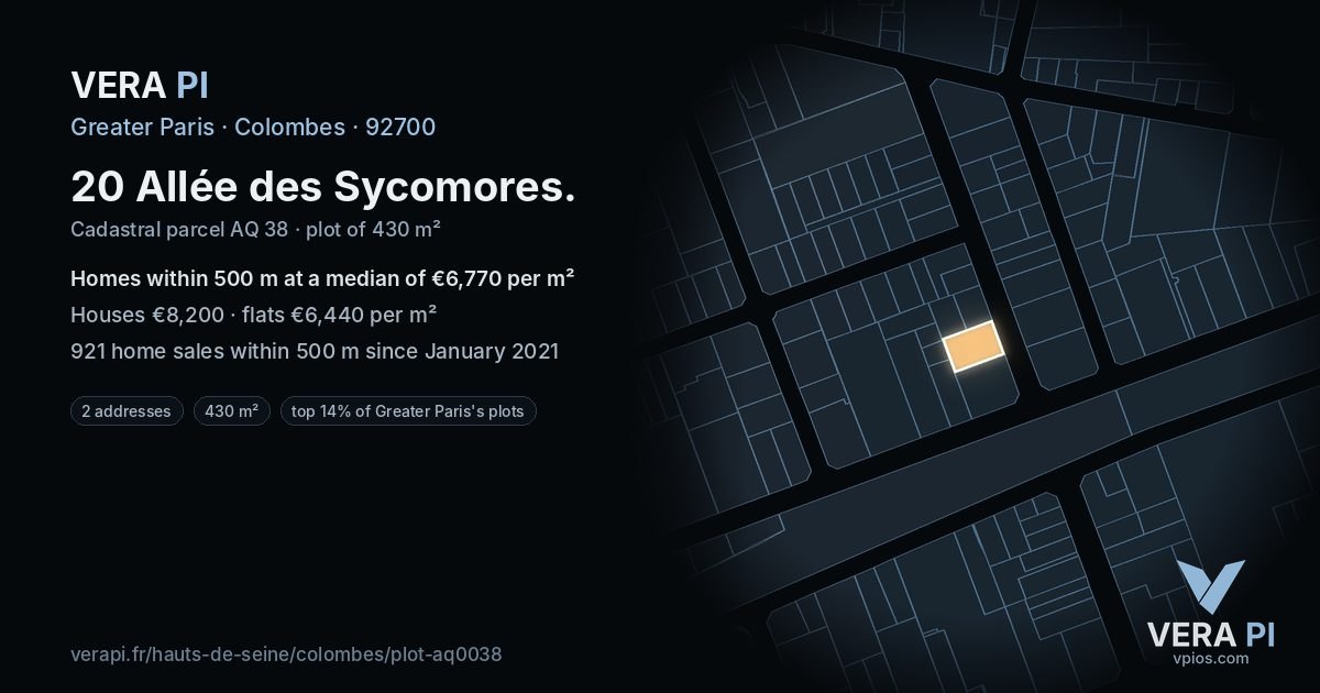 20 Allée des Sycomores, Colombes at night – the plot lit, the parcels around coloured by the prices near them