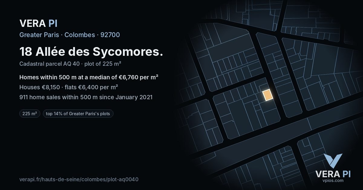 18 Allée des Sycomores, Colombes at night – the plot lit, the parcels around coloured by the prices near them