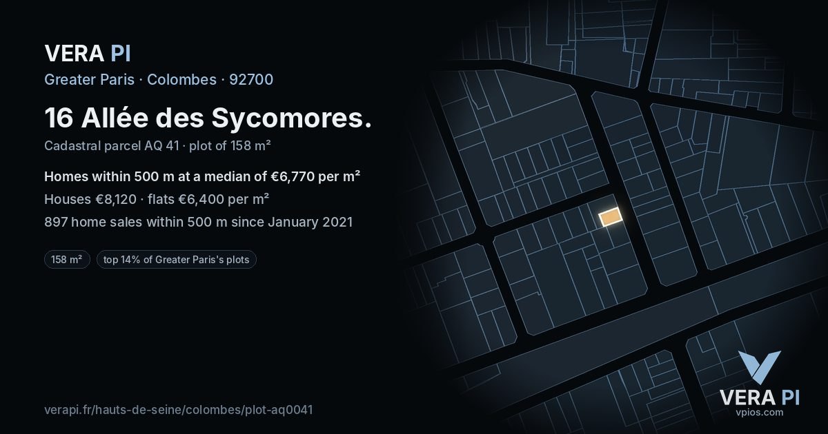 16 Allée des Sycomores, Colombes at night – the plot lit, the parcels around coloured by the prices near them