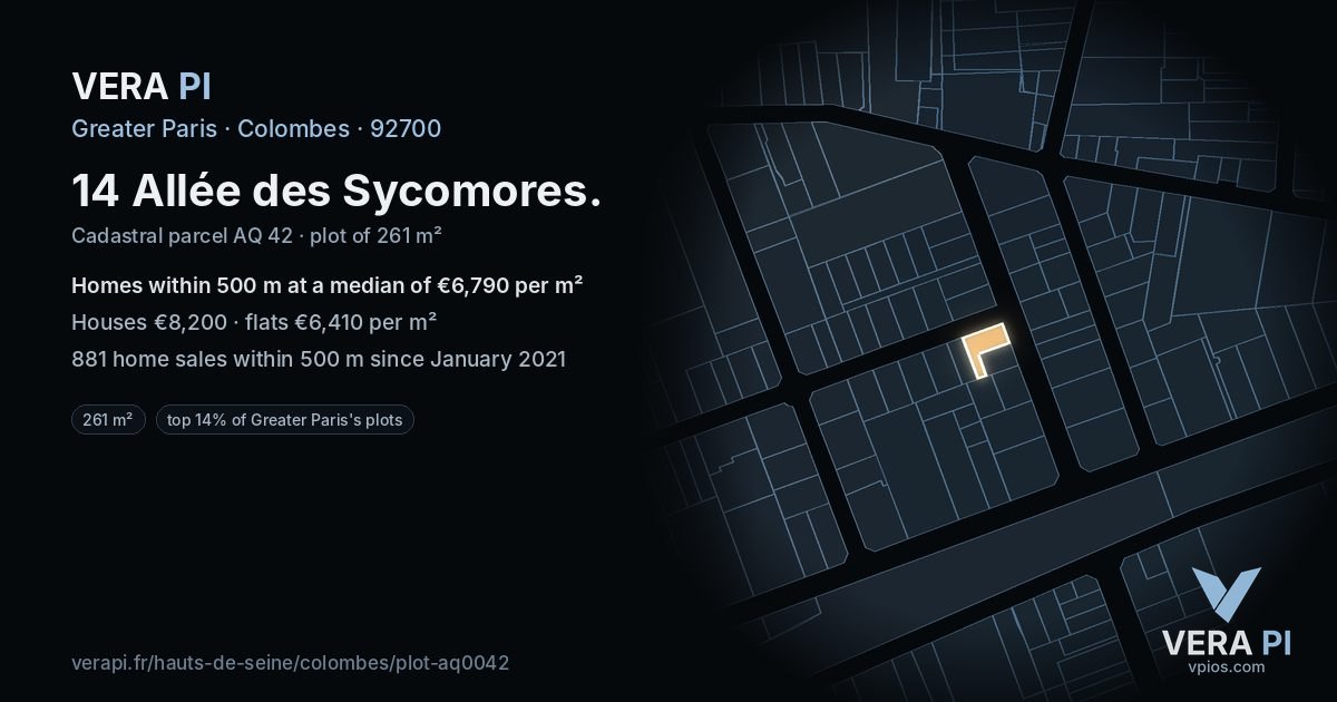 14 Allée des Sycomores, Colombes at night – the plot lit, the parcels around coloured by the prices near them