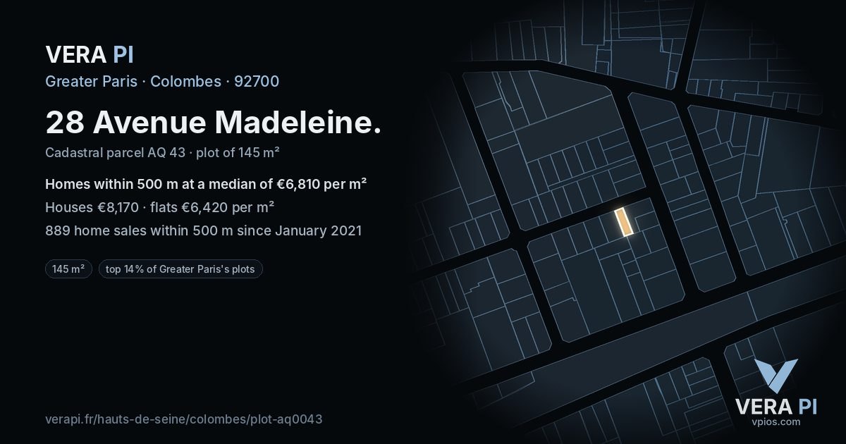 28 Avenue Madeleine, Colombes at night – the plot lit, the parcels around coloured by the prices near them