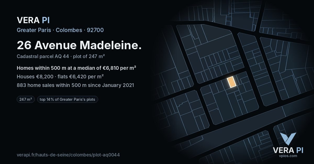 26 Avenue Madeleine, Colombes at night – the plot lit, the parcels around coloured by the prices near them