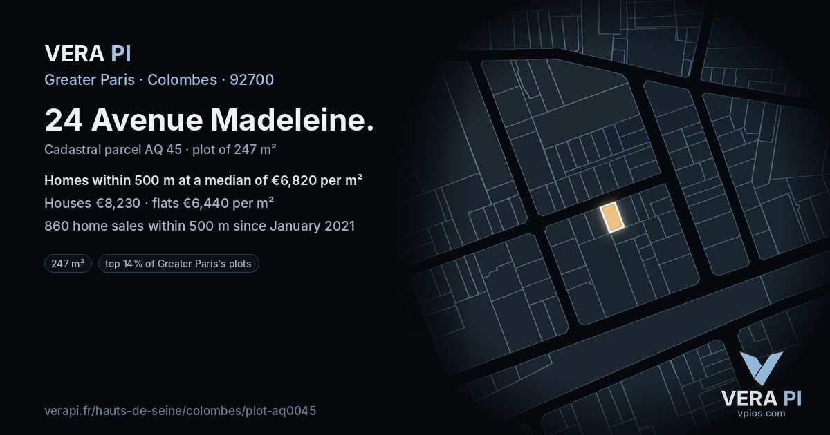 24 Avenue Madeleine, Colombes at night – the plot lit, the parcels around coloured by the prices near them