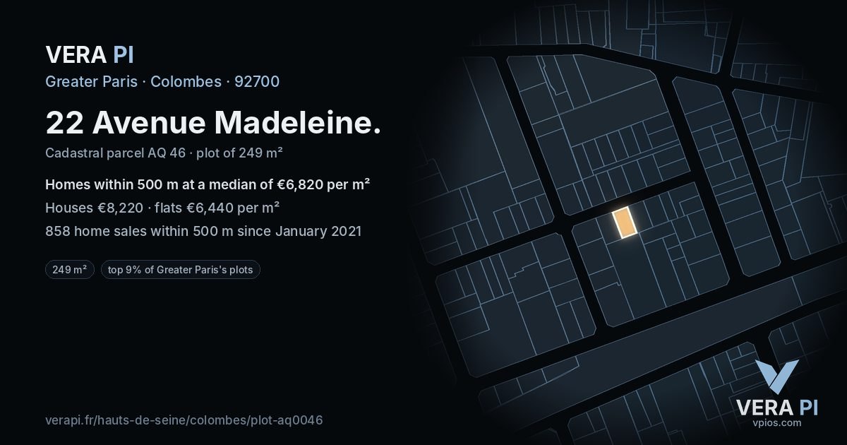 22 Avenue Madeleine, Colombes at night – the plot lit, the parcels around coloured by the prices near them