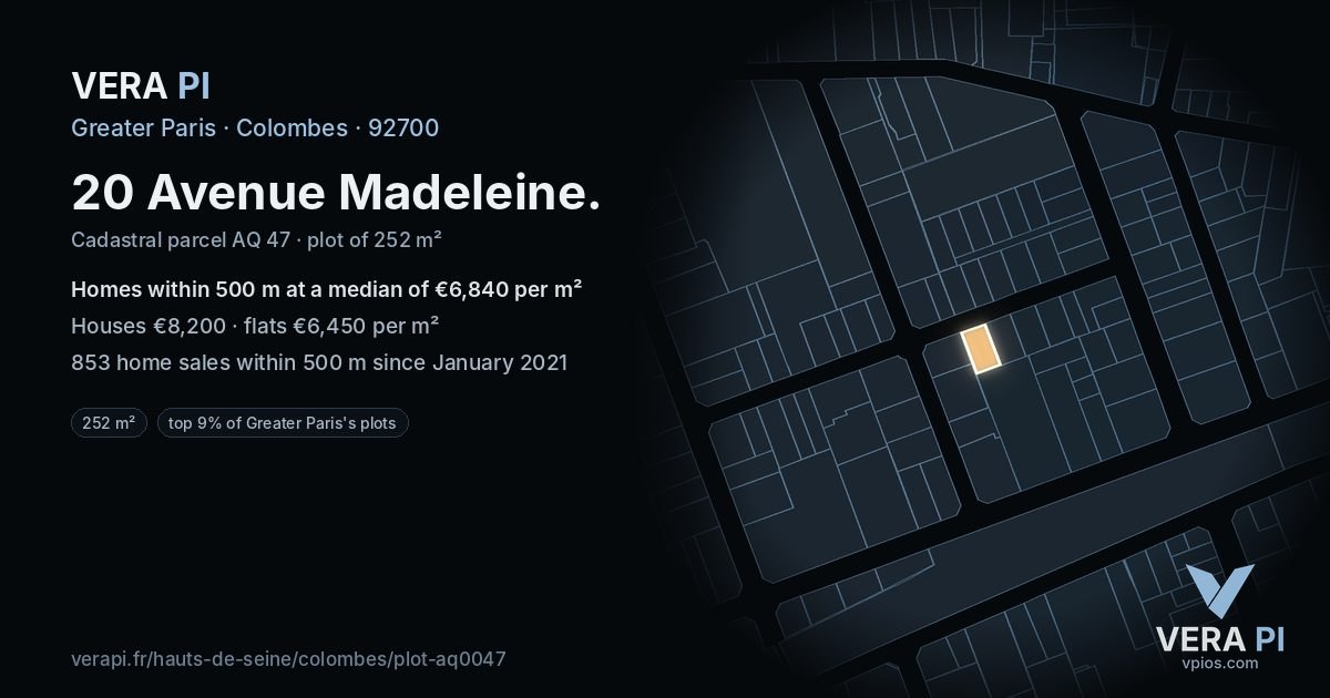 20 Avenue Madeleine, Colombes at night – the plot lit, the parcels around coloured by the prices near them