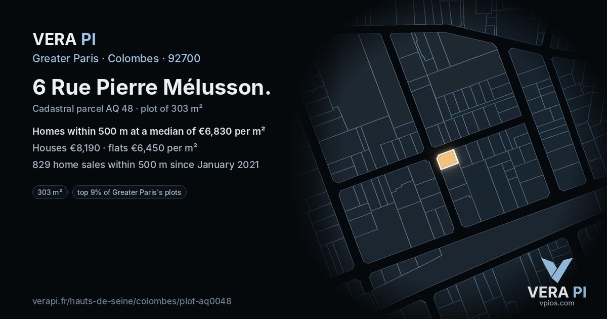 6 Rue Pierre Mélusson, Colombes at night – the plot lit, the parcels around coloured by the prices near them