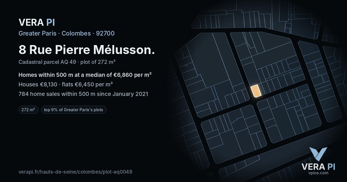 8 Rue Pierre Mélusson, Colombes at night – the plot lit, the parcels around coloured by the prices near them