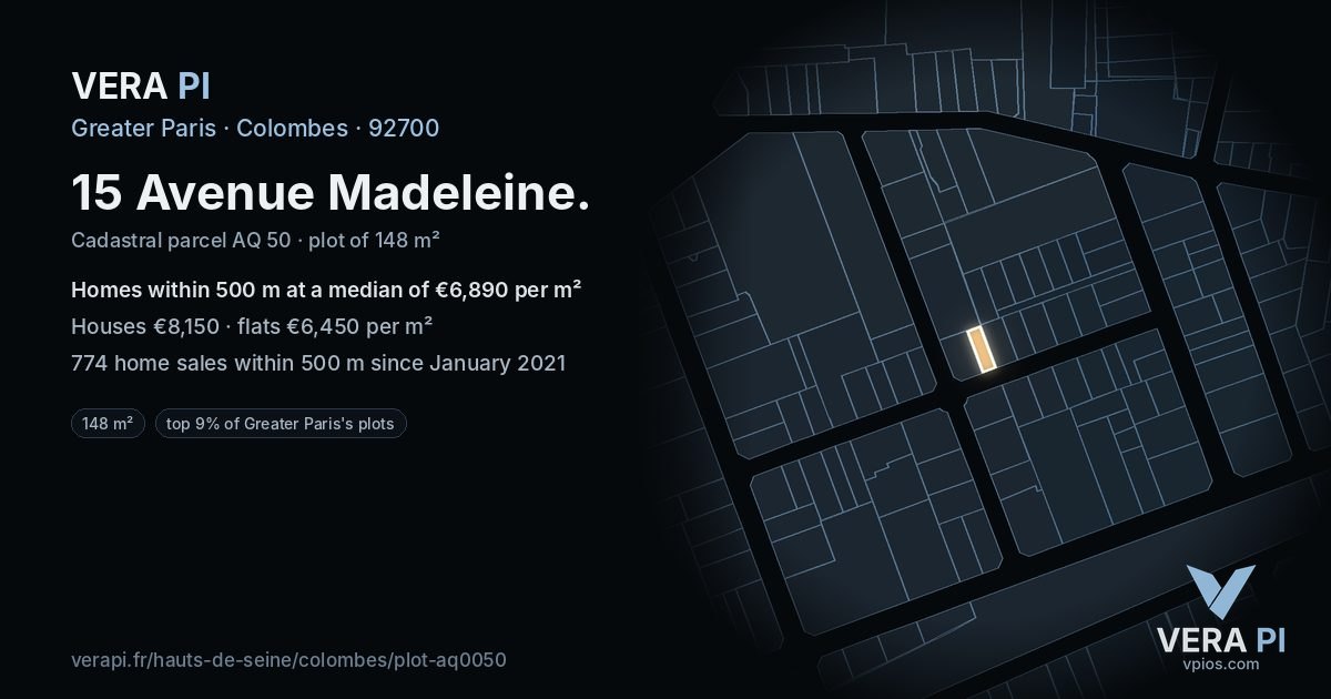 15 Avenue Madeleine, Colombes at night – the plot lit, the parcels around coloured by the prices near them