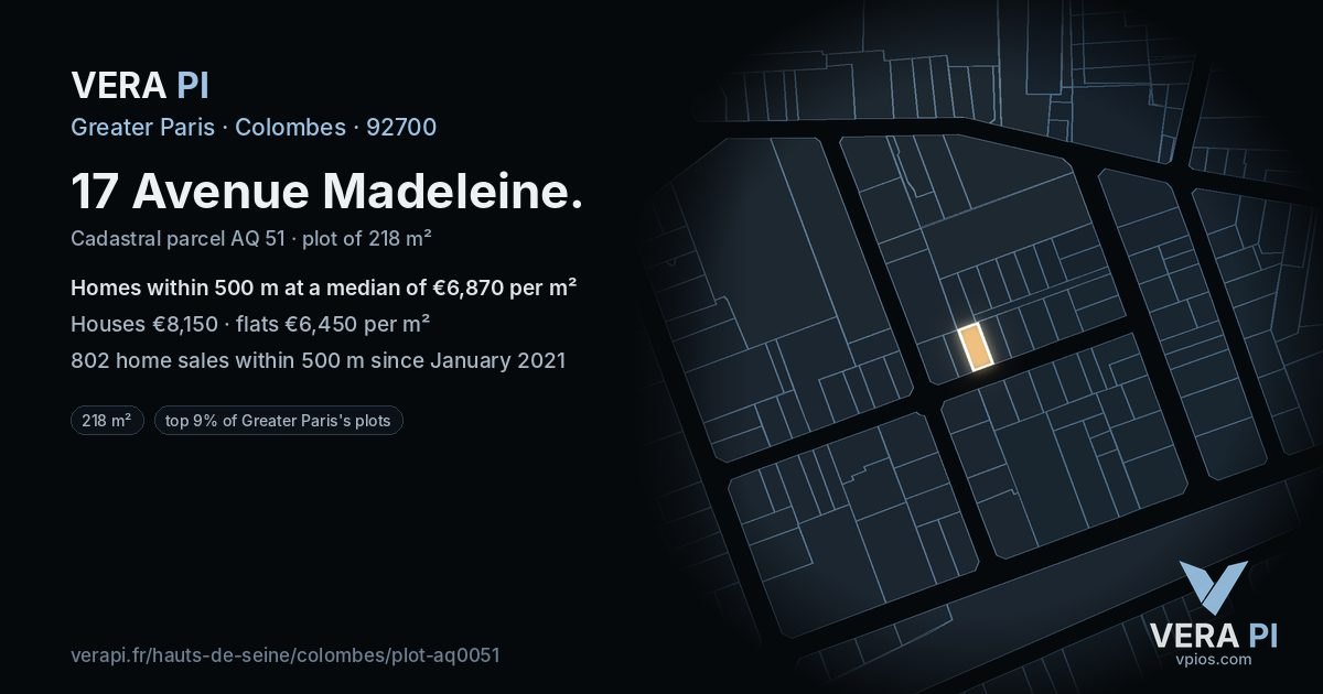 17 Avenue Madeleine, Colombes at night – the plot lit, the parcels around coloured by the prices near them