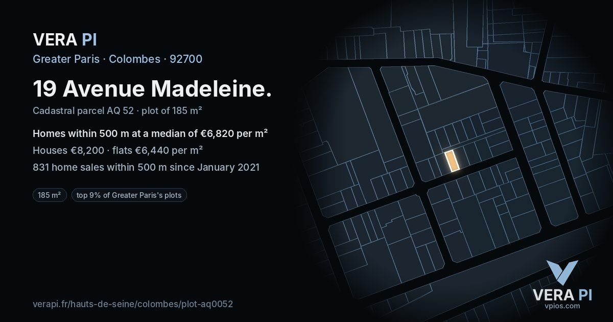 19 Avenue Madeleine, Colombes at night – the plot lit, the parcels around coloured by the prices near them