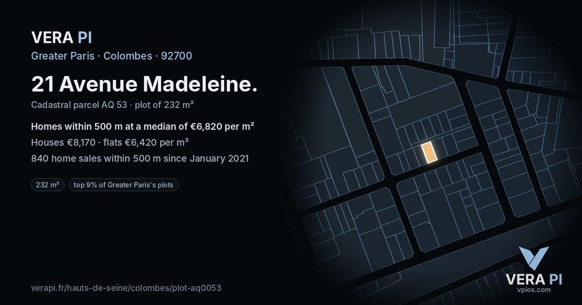 21 Avenue Madeleine, Colombes at night – the plot lit, the parcels around coloured by the prices near them