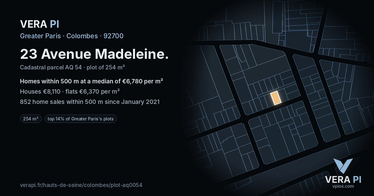 23 Avenue Madeleine, Colombes at night – the plot lit, the parcels around coloured by the prices near them