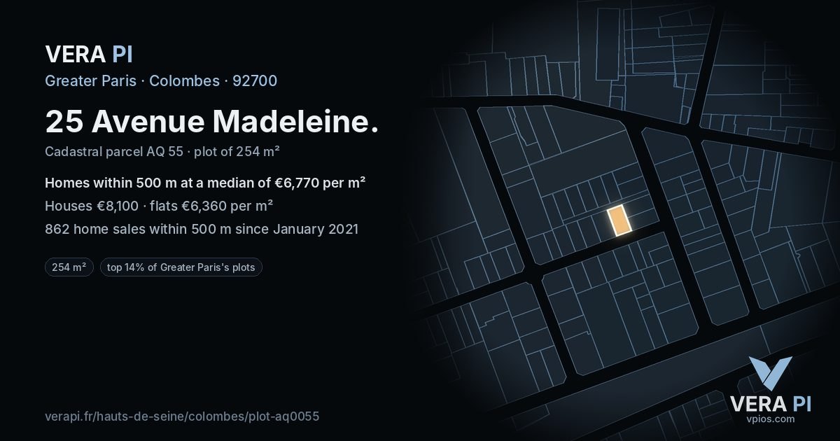 25 Avenue Madeleine, Colombes at night – the plot lit, the parcels around coloured by the prices near them