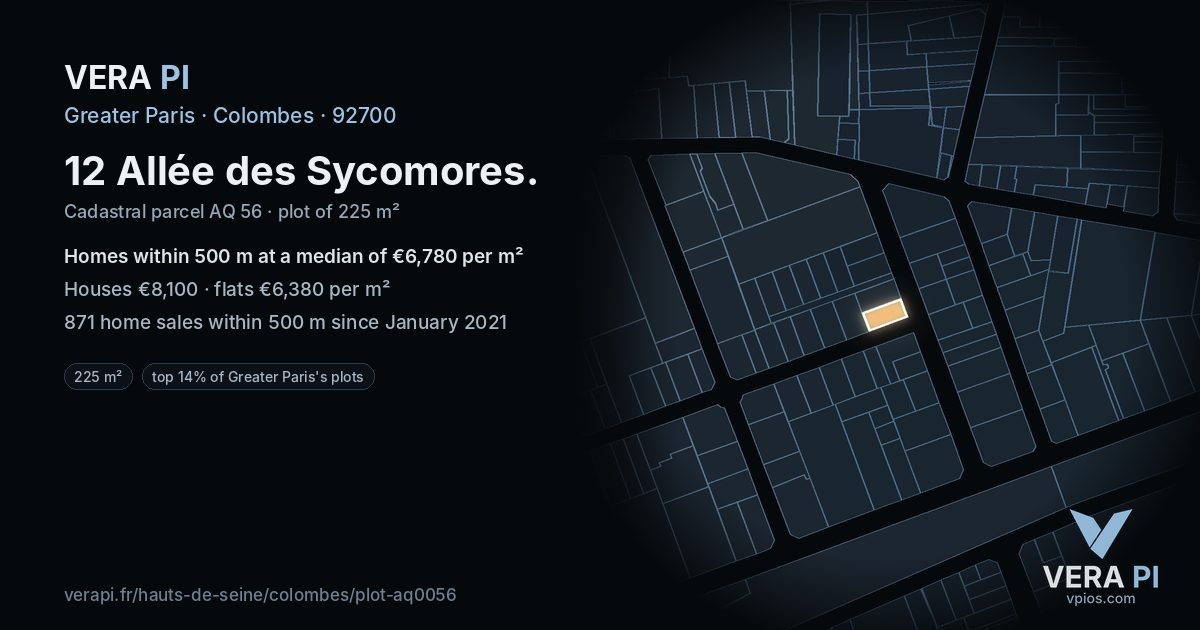 12 Allée des Sycomores, Colombes at night – the plot lit, the parcels around coloured by the prices near them