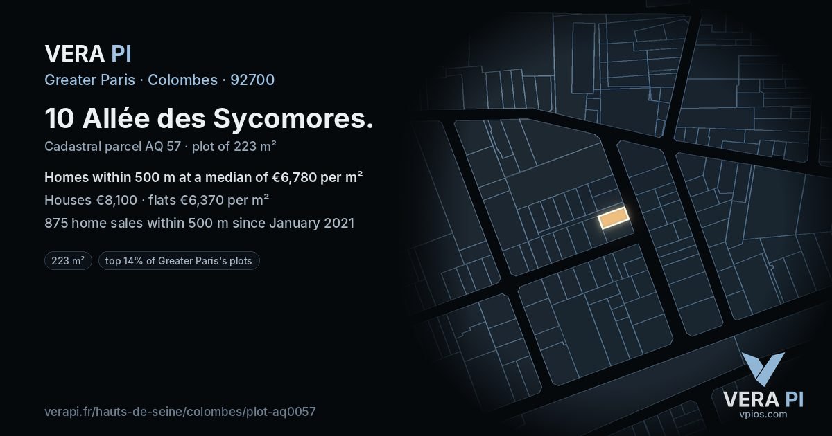 10 Allée des Sycomores, Colombes at night – the plot lit, the parcels around coloured by the prices near them