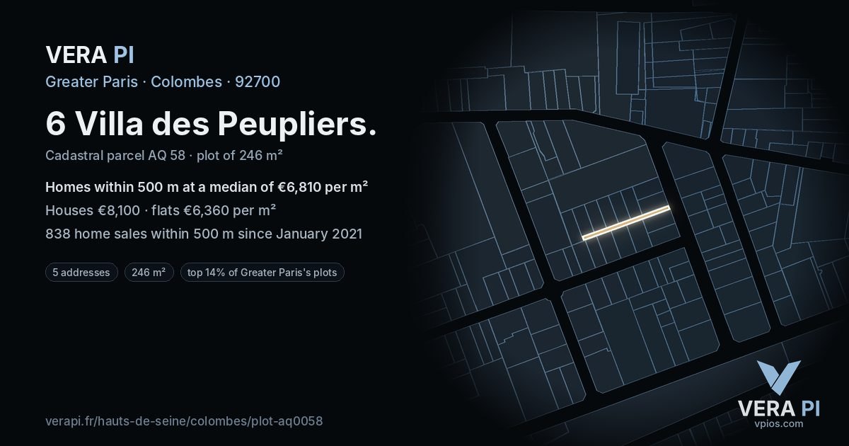 6 Villa des Peupliers, Colombes at night – the plot lit, the parcels around coloured by the prices near them
